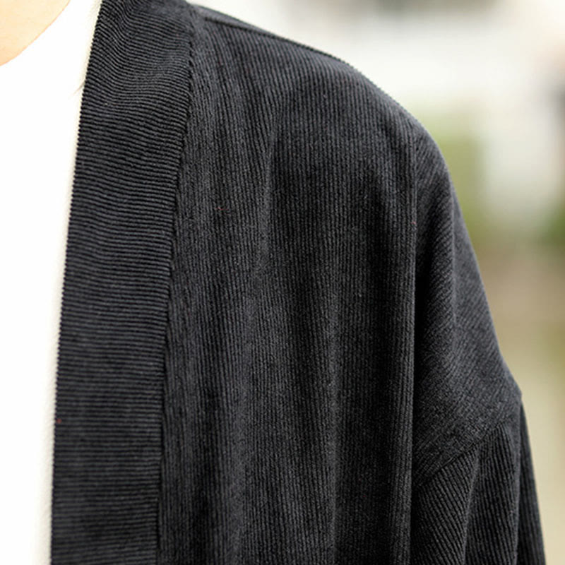 Buddha Stones Solid Color Open Front Long Sleeve Jacket Men's Cotton Corduroy Kimono With Pockets