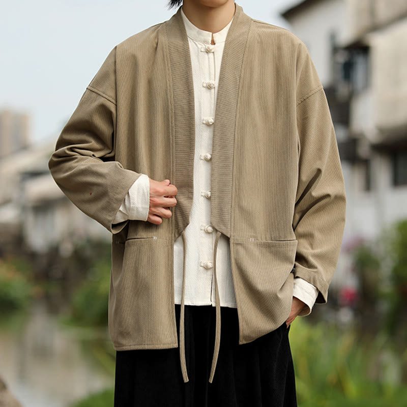 Buddha Stones Solid Color Open Front Long Sleeve Jacket Men's Cotton Corduroy Kimono With Pockets