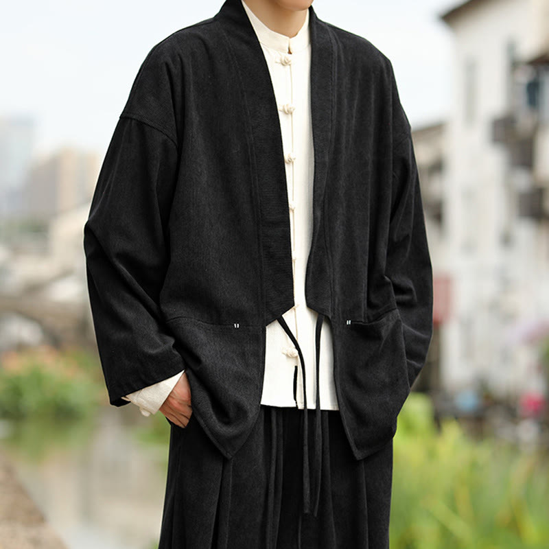 Buddha Stones Solid Color Open Front Long Sleeve Jacket Men's Cotton Corduroy Kimono With Pockets