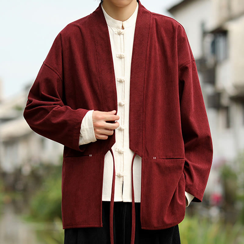 Buddha Stones Solid Color Open Front Long Sleeve Jacket Men's Cotton Corduroy Kimono With Pockets