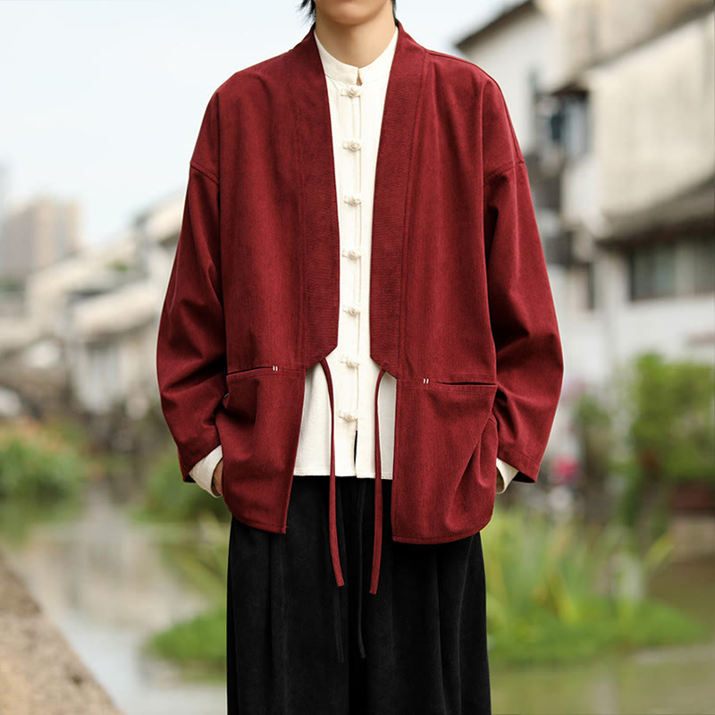 Buddha Stones Solid Color Open Front Long Sleeve Jacket Men's Cotton Corduroy Kimono With Pockets