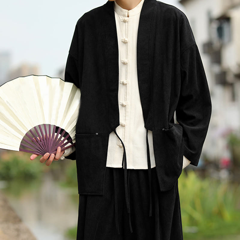 Buddha Stones Solid Color Open Front Long Sleeve Jacket Men's Cotton Corduroy Kimono With Pockets
