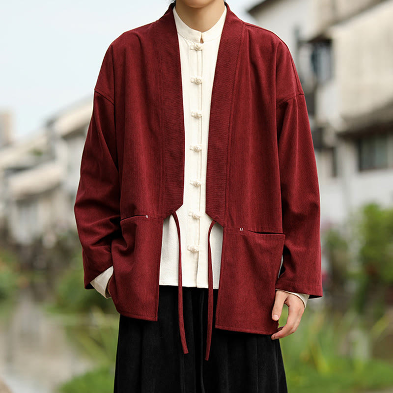 Buddha Stones Solid Color Open Front Long Sleeve Jacket Men's Cotton Corduroy Kimono With Pockets