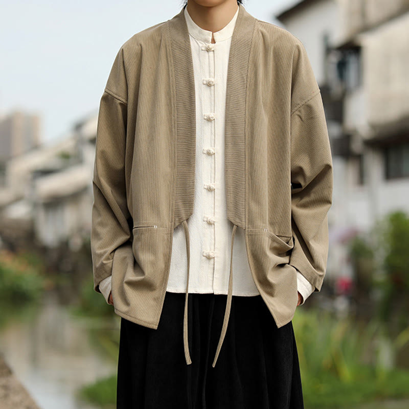 Buddha Stones Solid Color Open Front Long Sleeve Jacket Men's Cotton Corduroy Kimono With Pockets