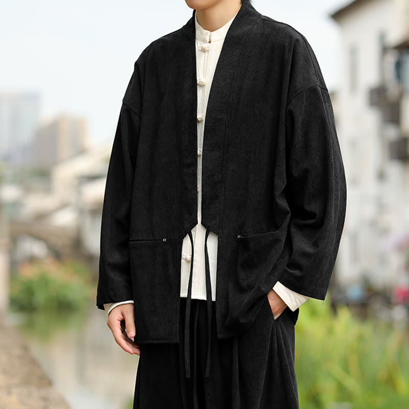 Buddha Stones Solid Color Open Front Long Sleeve Jacket Men's Cotton Corduroy Kimono With Pockets