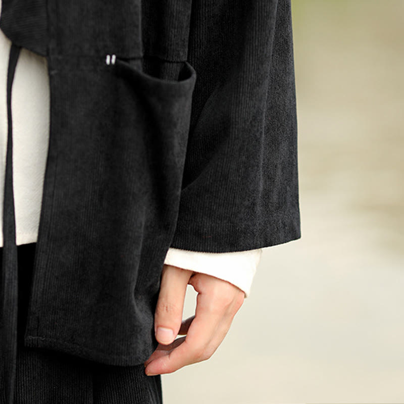 Buddha Stones Solid Color Open Front Long Sleeve Jacket Men's Cotton Corduroy Kimono With Pockets