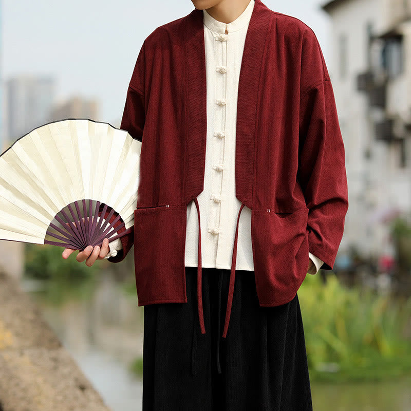 Buddha Stones Solid Color Open Front Long Sleeve Jacket Men's Cotton Corduroy Kimono With Pockets