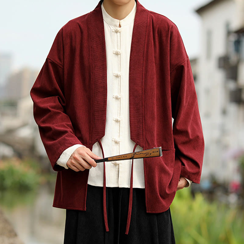 Buddha Stones Solid Color Open Front Long Sleeve Jacket Men's Cotton Corduroy Kimono With Pockets