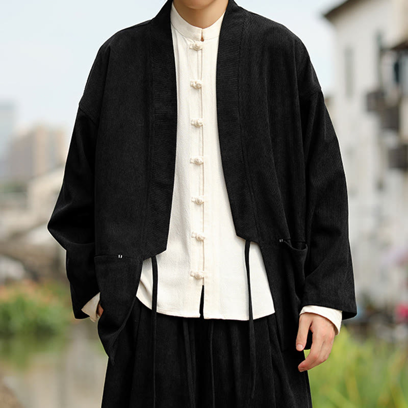 Buddha Stones Solid Color Open Front Long Sleeve Jacket Men's Cotton Corduroy Kimono With Pockets