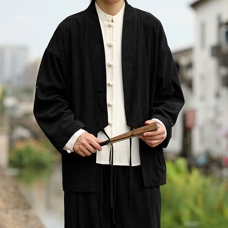 Buddha Stones Solid Color Open Front Long Sleeve Jacket Men's Cotton Corduroy Kimono With Pockets