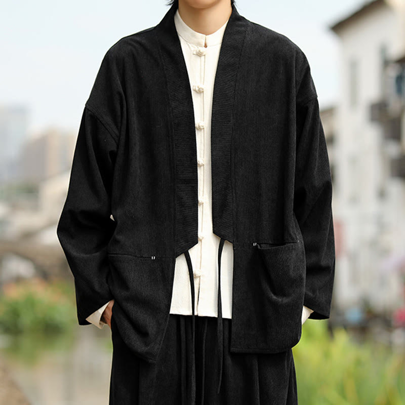 Buddha Stones Solid Color Open Front Long Sleeve Jacket Men's Cotton Corduroy Kimono With Pockets