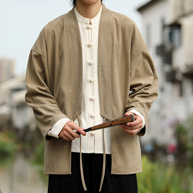 Buddha Stones Solid Color Open Front Long Sleeve Jacket Men's Cotton Corduroy Kimono With Pockets