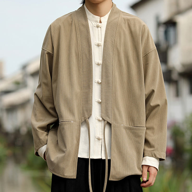 Buddha Stones Solid Color Open Front Long Sleeve Jacket Men's Cotton Corduroy Kimono With Pockets