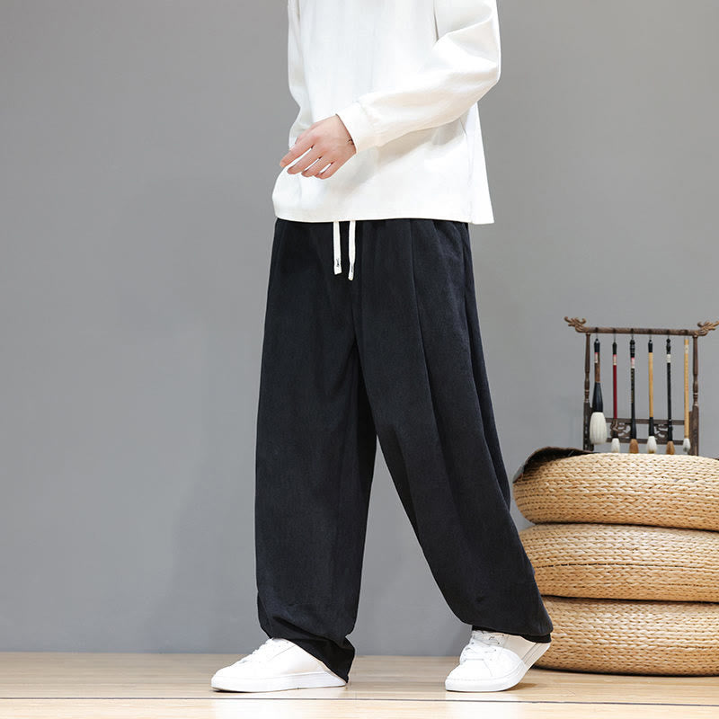 Buddha Stones Plain Color Pure Cotton Corduroy Men's Harem Pants With Pockets