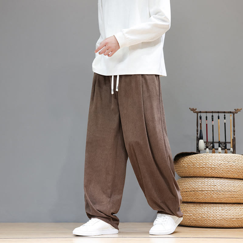 Buddha Stones Plain Color Pure Cotton Corduroy Men's Harem Pants With Pockets