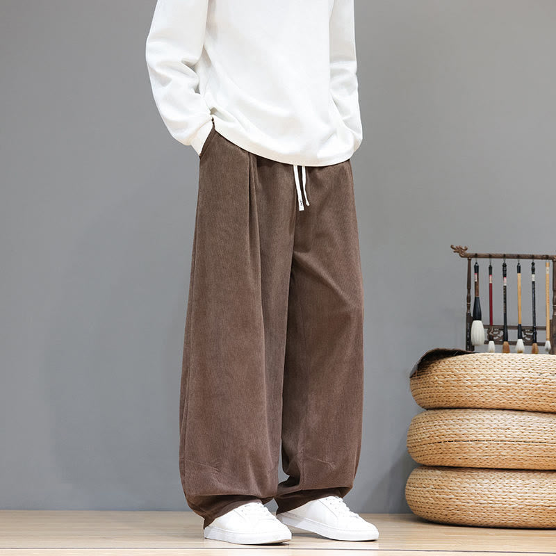 Buddha Stones Plain Color Pure Cotton Corduroy Men's Harem Pants With Pockets