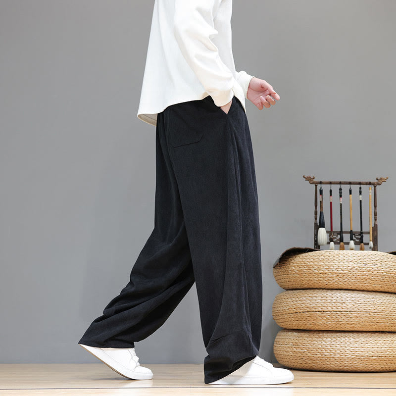 Buddha Stones Plain Color Pure Cotton Corduroy Men's Harem Pants With Pockets