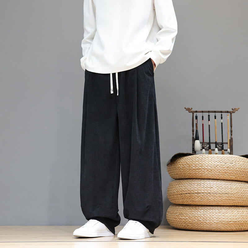 Buddha Stones Plain Color Pure Cotton Corduroy Men's Harem Pants With Pockets