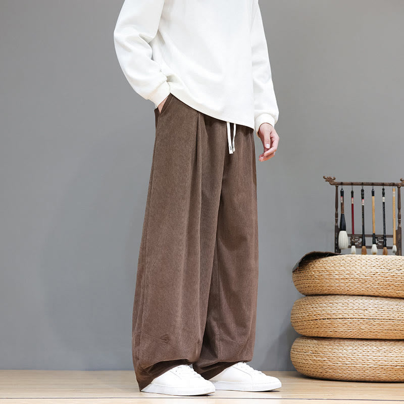Buddha Stones Plain Color Pure Cotton Corduroy Men's Harem Pants With Pockets