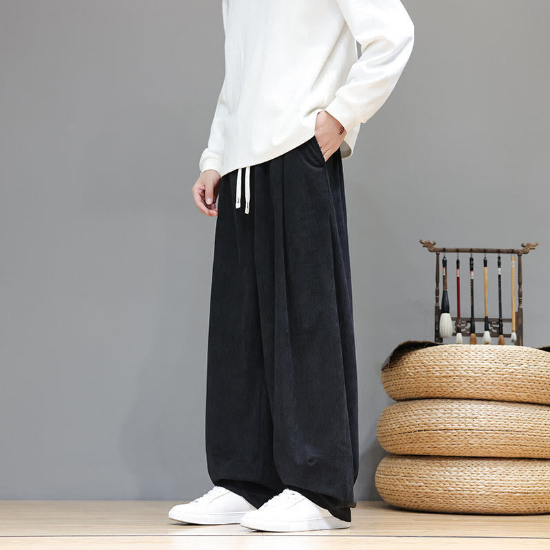 Buddha Stones Plain Color Pure Cotton Corduroy Men's Harem Pants With Pockets