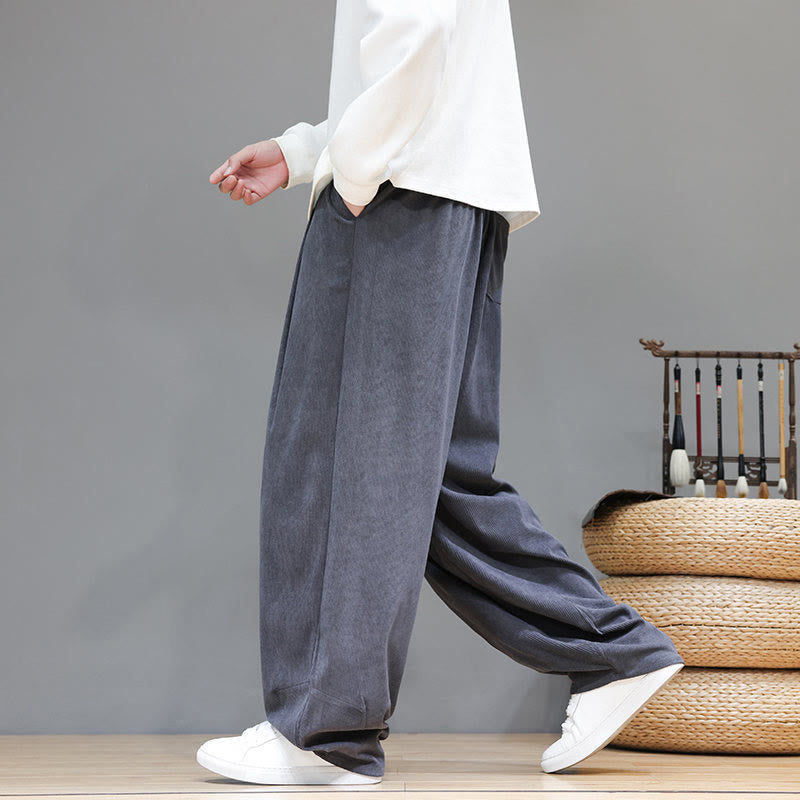 Buddha Stones Plain Color Pure Cotton Corduroy Men's Harem Pants With Pockets