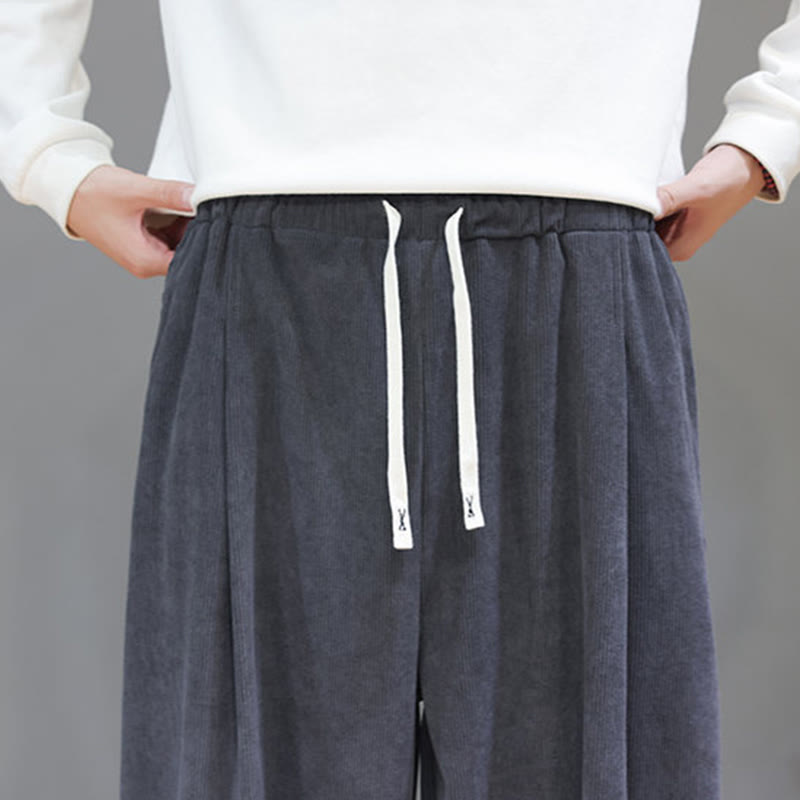 Buddha Stones Plain Color Pure Cotton Corduroy Men's Harem Pants With Pockets
