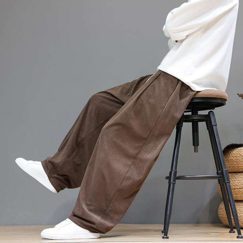 Buddha Stones Plain Color Pure Cotton Corduroy Men's Harem Pants With Pockets