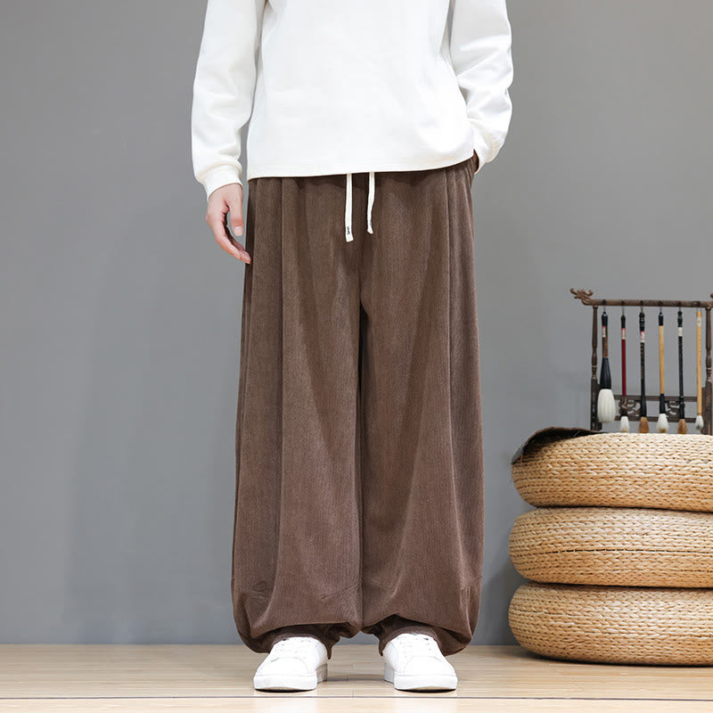 Buddha Stones Plain Color Pure Cotton Corduroy Men's Harem Pants With Pockets