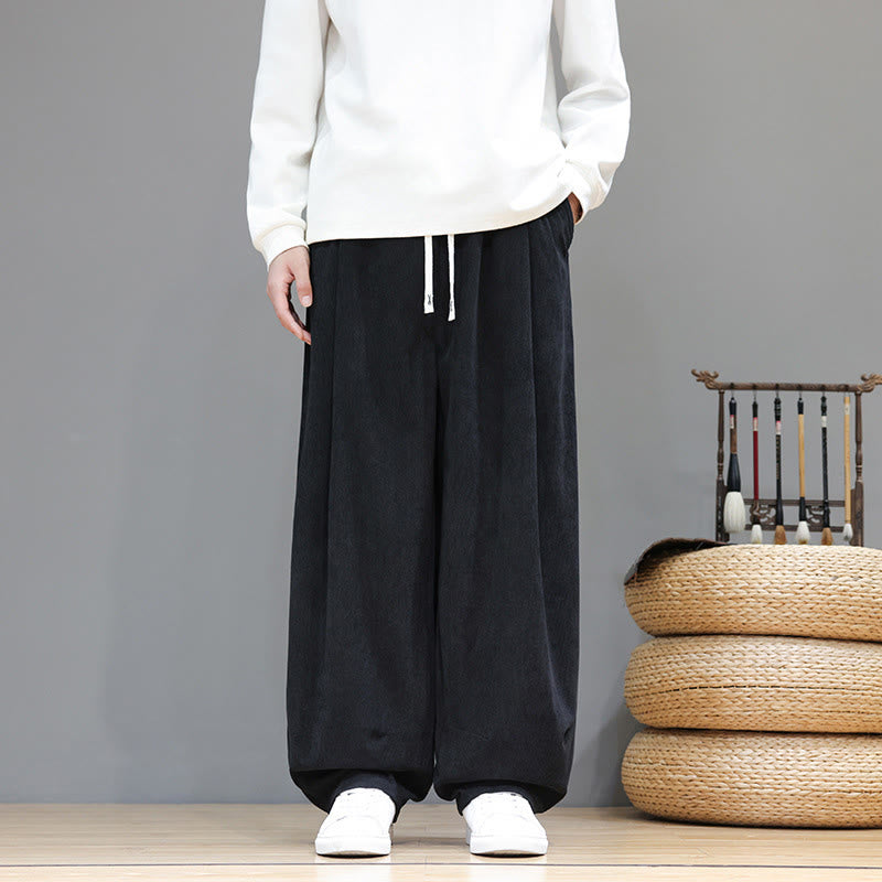 Buddha Stones Plain Color Pure Cotton Corduroy Men's Harem Pants With Pockets