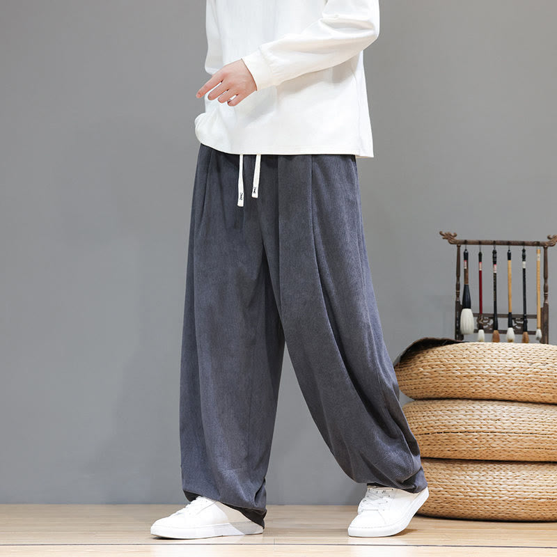 Buddha Stones Plain Color Pure Cotton Corduroy Men's Harem Pants With Pockets