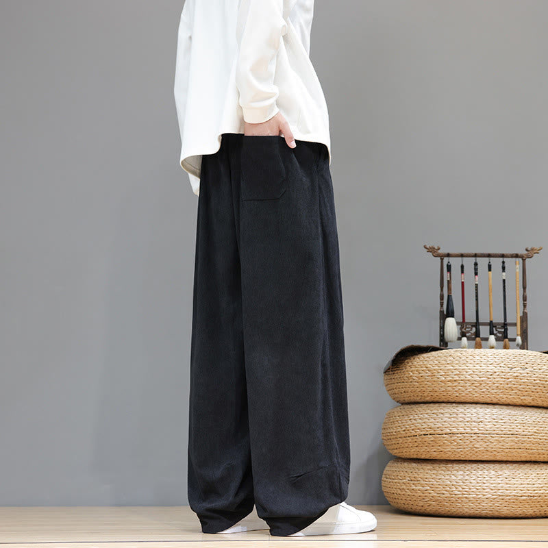Buddha Stones Plain Color Pure Cotton Corduroy Men's Harem Pants With Pockets