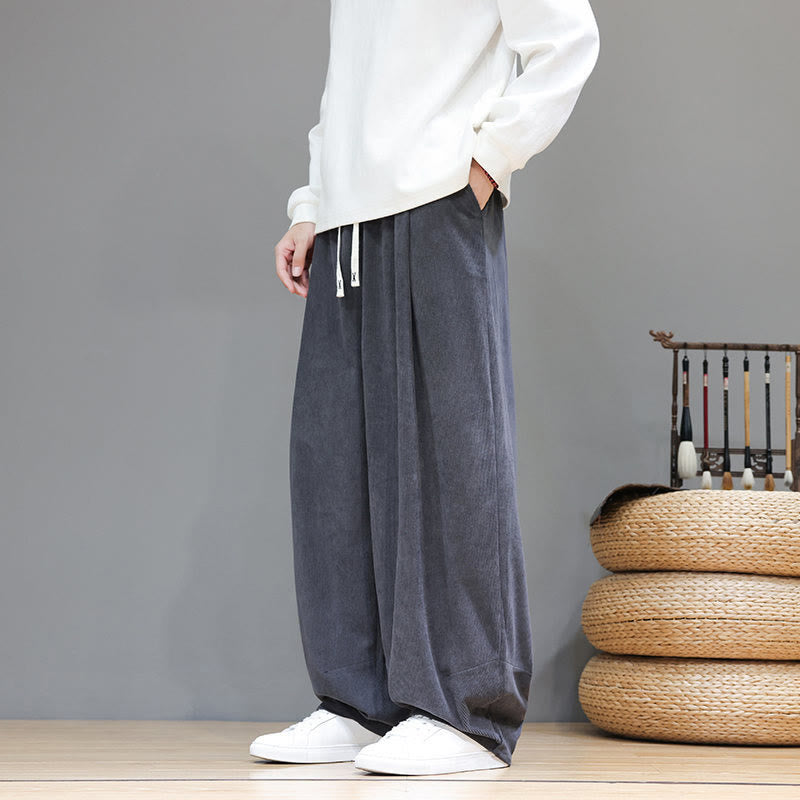 Buddha Stones Plain Color Pure Cotton Corduroy Men's Harem Pants With Pockets