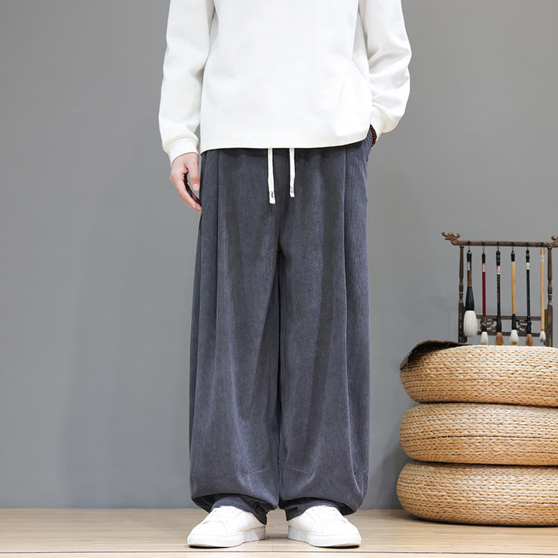 Buddha Stones Plain Color Pure Cotton Corduroy Men's Harem Pants With Pockets