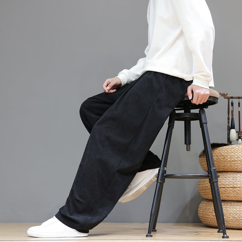 Buddha Stones Plain Color Pure Cotton Corduroy Men's Harem Pants With Pockets