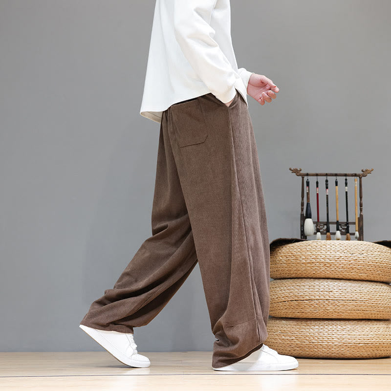 Buddha Stones Plain Color Pure Cotton Corduroy Men's Harem Pants With Pockets