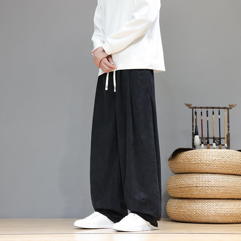 Buddha Stones Plain Color Pure Cotton Corduroy Men's Harem Pants With Pockets