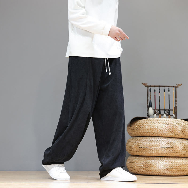 Buddha Stones Plain Color Pure Cotton Corduroy Men's Harem Pants With Pockets