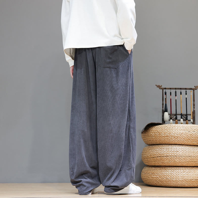 Buddha Stones Plain Color Pure Cotton Corduroy Men's Harem Pants With Pockets