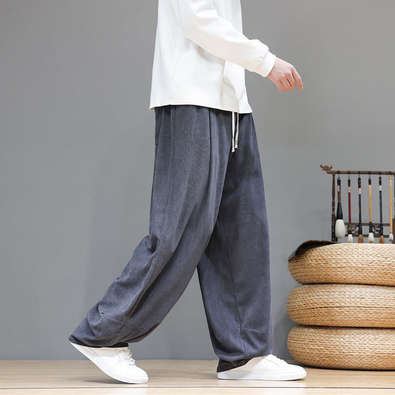 Buddha Stones Plain Color Pure Cotton Corduroy Men's Harem Pants With Pockets