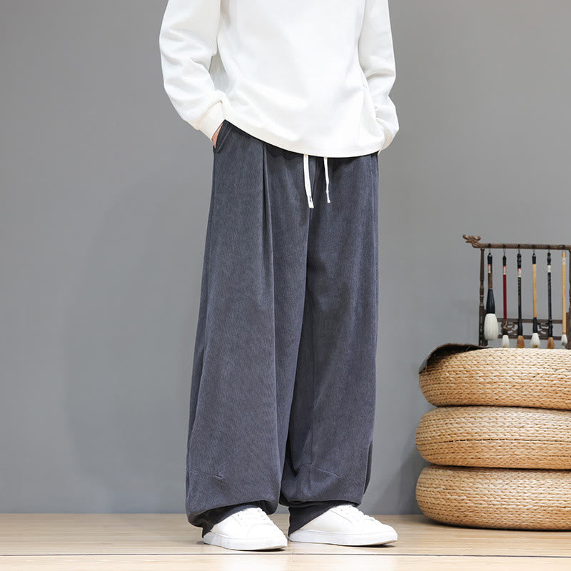 Buddha Stones Plain Color Pure Cotton Corduroy Men's Harem Pants With Pockets