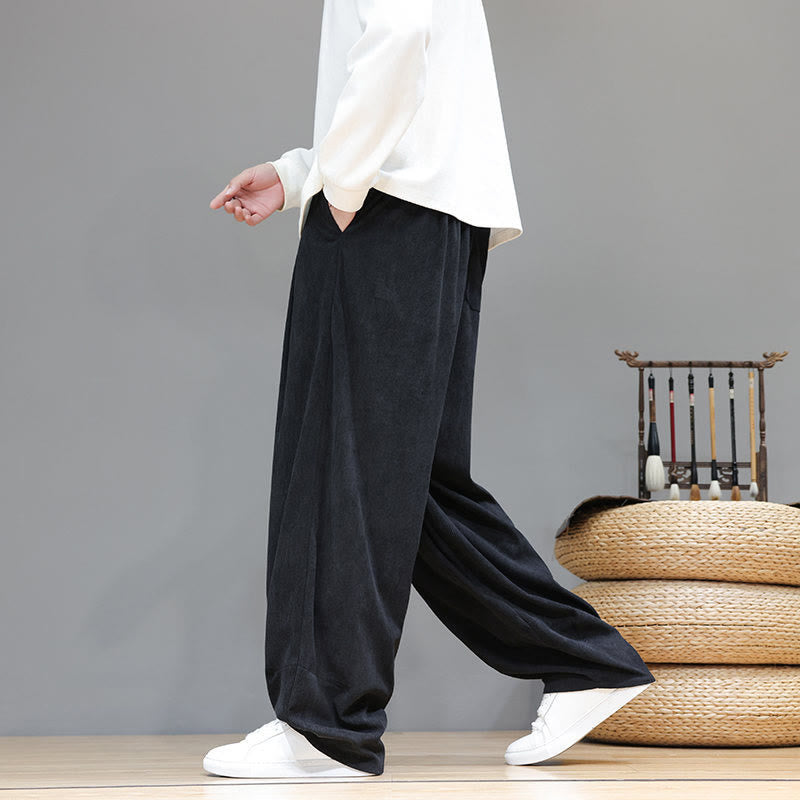 Buddha Stones Plain Color Pure Cotton Corduroy Men's Harem Pants With Pockets