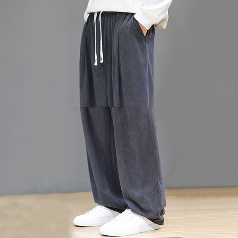 Buddha Stones Plain Color Pure Cotton Corduroy Men's Harem Pants With Pockets
