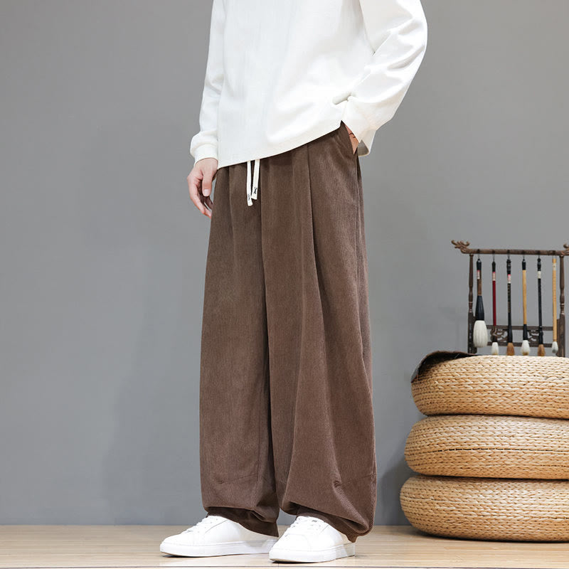 Buddha Stones Plain Color Pure Cotton Corduroy Men's Harem Pants With Pockets