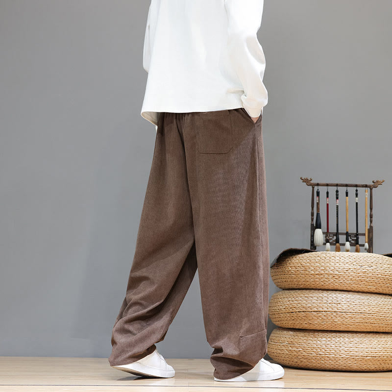 Buddha Stones Plain Color Pure Cotton Corduroy Men's Harem Pants With Pockets