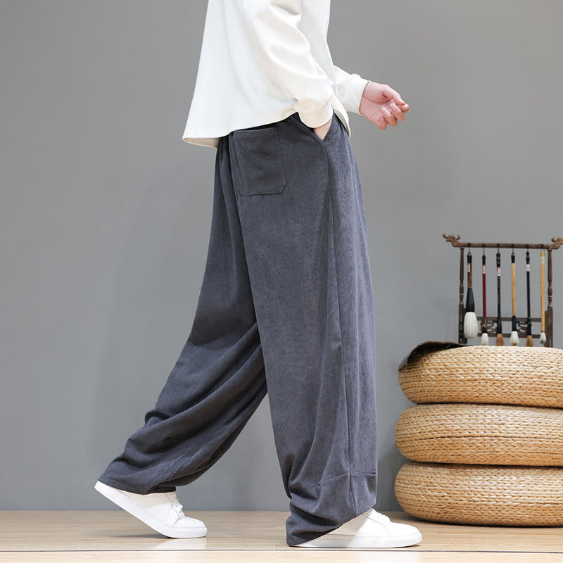 Buddha Stones Plain Color Pure Cotton Corduroy Men's Harem Pants With Pockets
