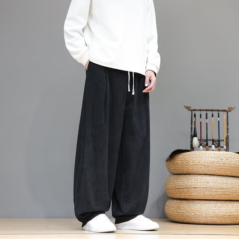 Buddha Stones Plain Color Pure Cotton Corduroy Men's Harem Pants With Pockets