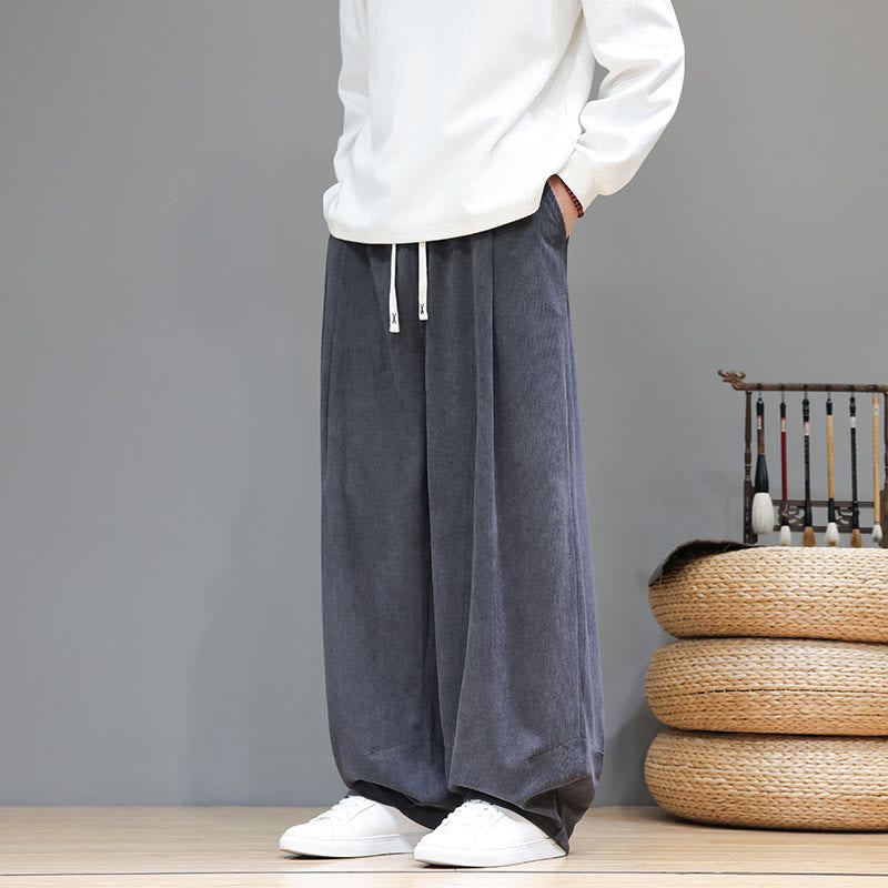 Buddha Stones Plain Color Pure Cotton Corduroy Men's Harem Pants With Pockets