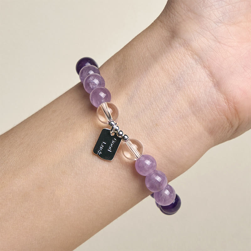 Buddha Stones Amethyst Rose Quartz Strawberry Quartz Good Luck Charm Bracelet