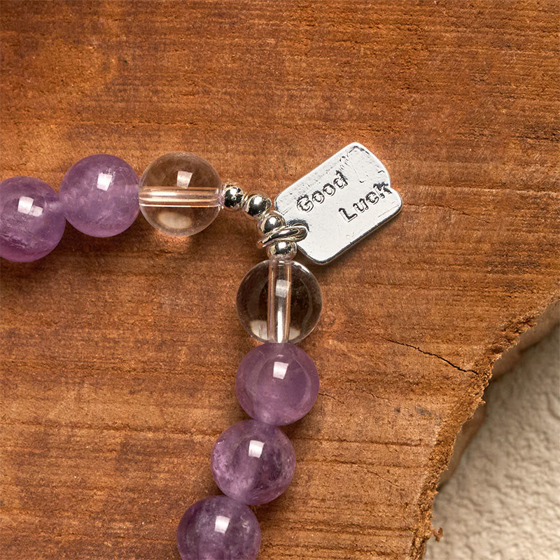 Buddha Stones Amethyst Rose Quartz Strawberry Quartz Good Luck Charm Bracelet