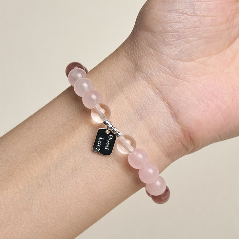 Buddha Stones Amethyst Rose Quartz Strawberry Quartz Good Luck Charm Bracelet